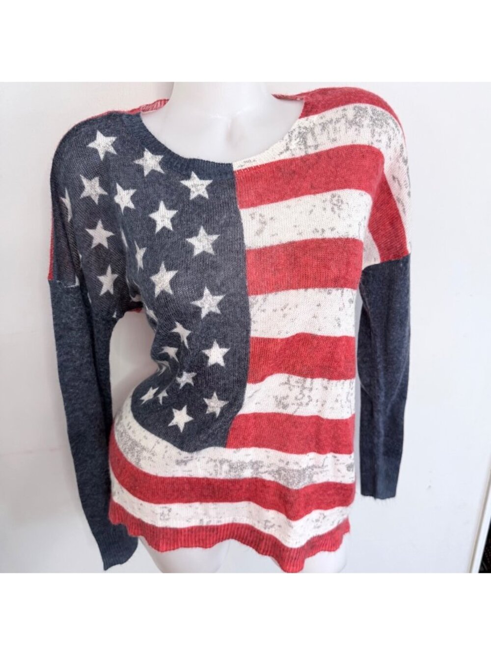 Rock & Republic American Flag Long Sleeve Sweater Distressed Women Size Medium